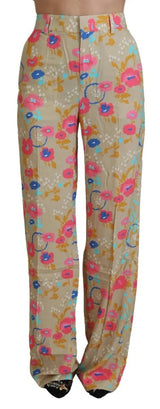 Pantalones rectos de cintura floral beige