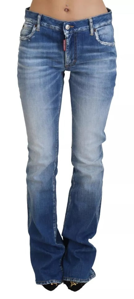 Blau gewaschene Baumwollmitte Taille Flared Jeans Jeans