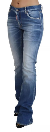 Blau gewaschene Baumwollmitte Taille Flared Jeans Jeans