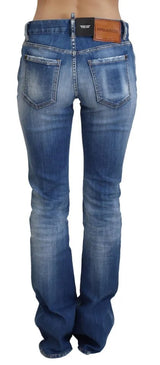 Blau gewaschene Baumwollmitte Taille Flared Jeans Jeans