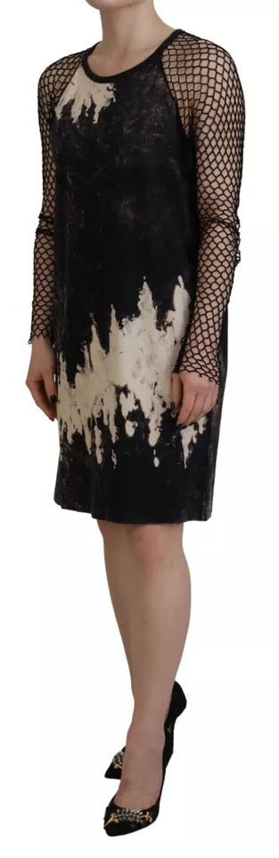 Black Tie Dye Mesh Long Sleeves Cotton Shift Dress