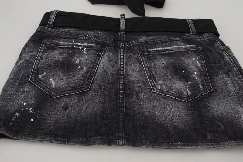 Black Anganited Mid Waist A-Line Denim Mini gonna