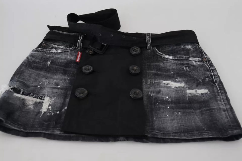 Black Anganited Mid Waist A-Line Denim Mini gonna