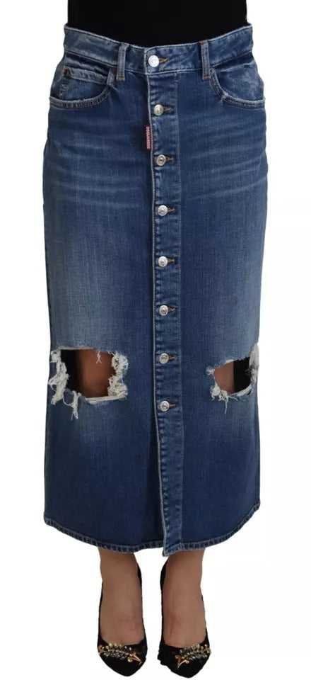 Blue Distressed High Taille Bleistift geschnittenen Jeansrock