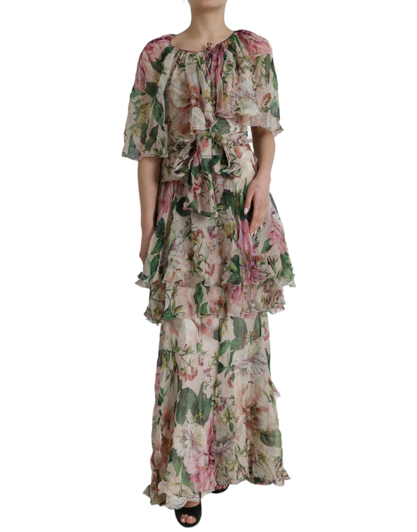 Multicolore Florel Silk Tierd Long Maxi Dress