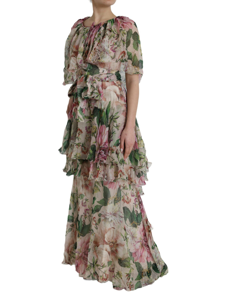 Robe maxi à plusieurs niveaux à plusieurs niveaux de soie florale multicolore