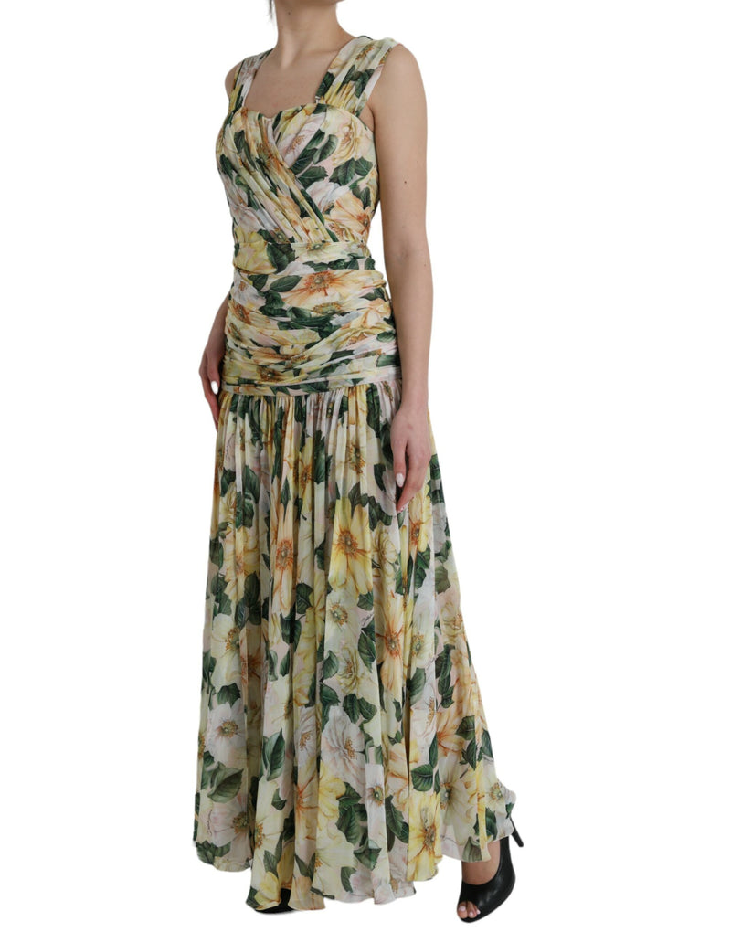 Vestido maxi plisado de seda con estampado floral amarillo