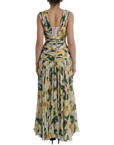 Yellow Floral Print Silk Pleated Maxi Dress