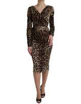 Vestido midi de cuello en V de estampado de leopardo marrón