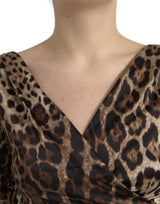 Abito midi con scollo a V browncon stampato leopardo marrone