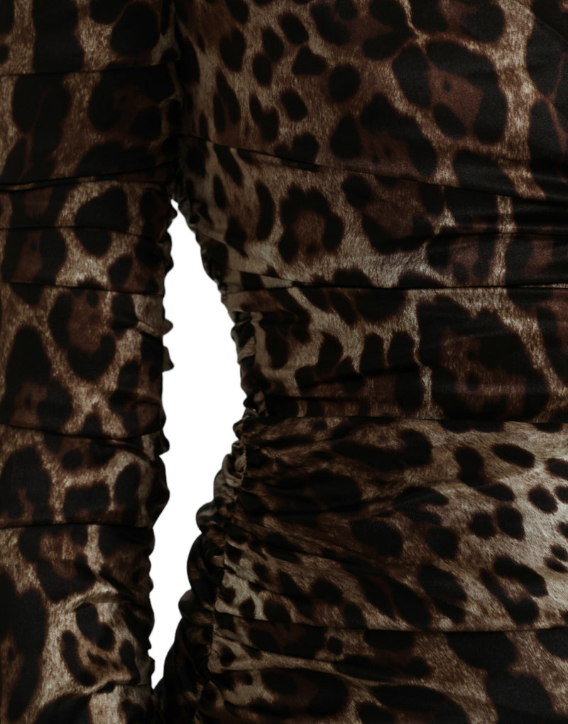 Abito midi con scollo a V browncon stampato leopardo marrone