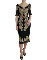 Black Floral Lace Cotton Sheath Midi Dress