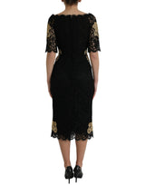 Black Floral Lace Cotton Sheath Midi Dress