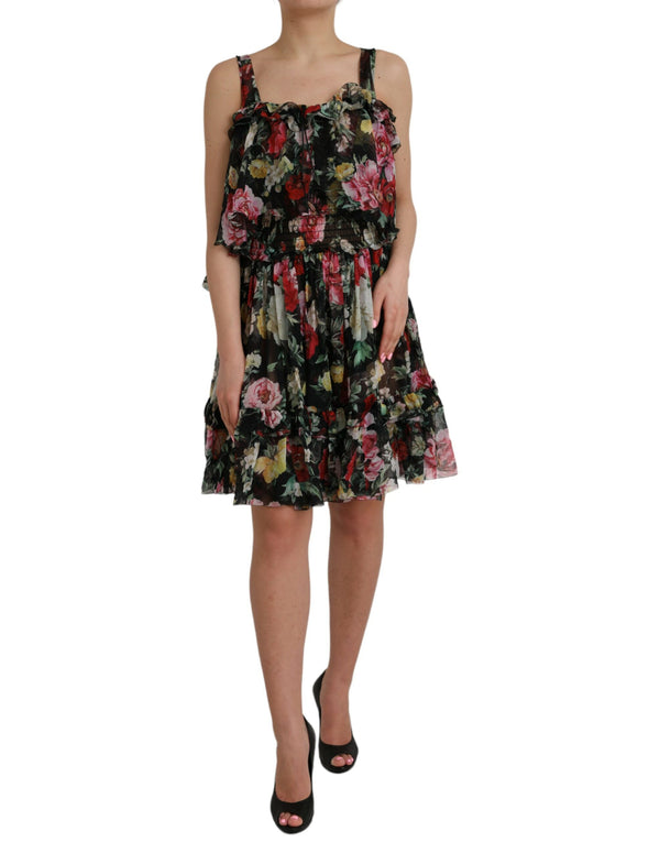 Schwarzes Blumen-Seiden-A-Line-ärmelloses Kleid