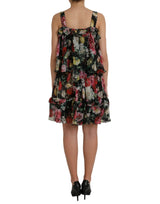 Black Floral Silk A-line Sleeveless Dress