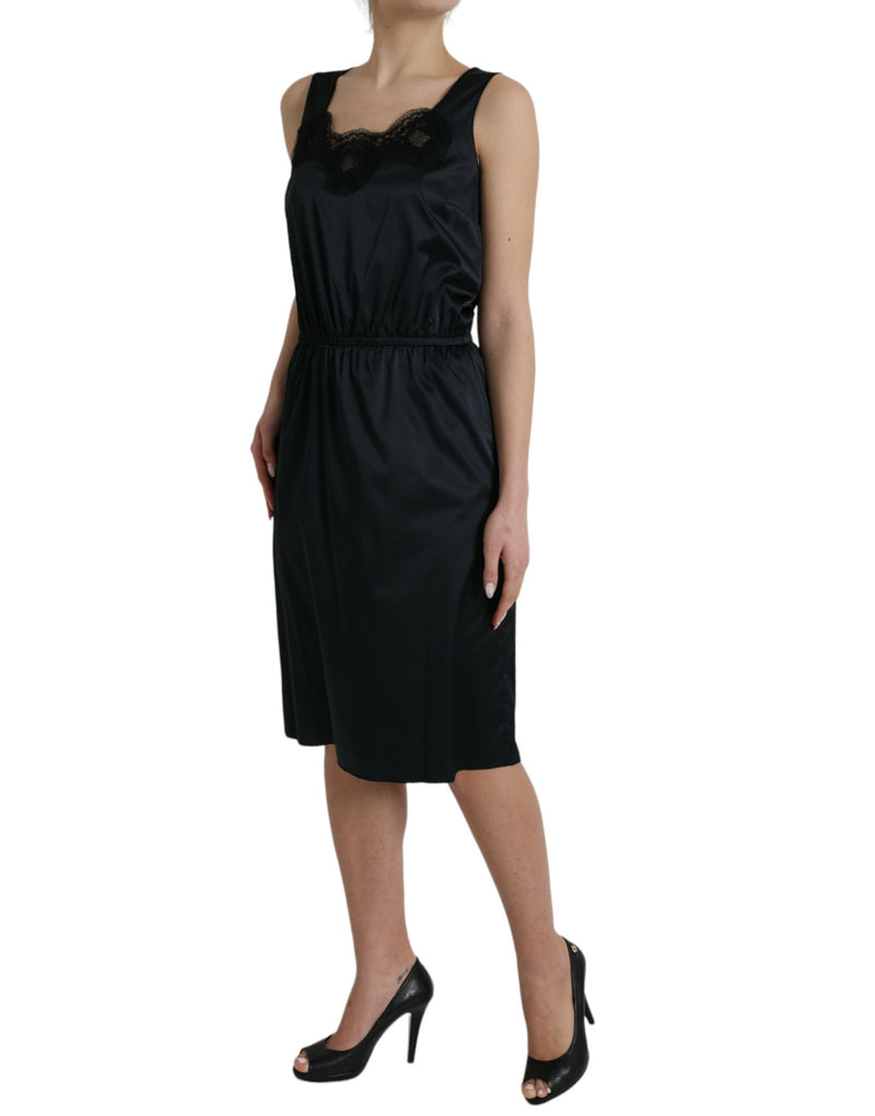 Schwarze Polyester -Spitzenverkleidungsscheide Midi Kleid