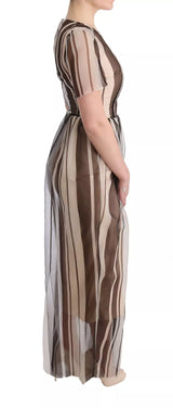 Beige Brown Striped Silk Sheath Dress