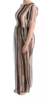 Robe de gaine de soie rayée brune beige brune