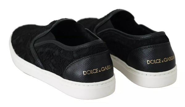 Sneaker slip-on piatti in pelle in pizzo nero