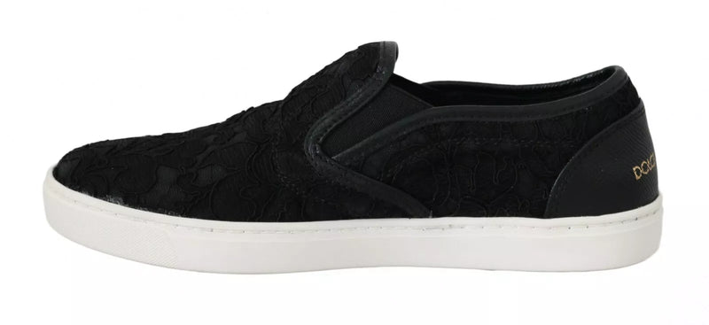 Schwarzes Spitzenleder-Logo Flat Slip-on-Sneakers