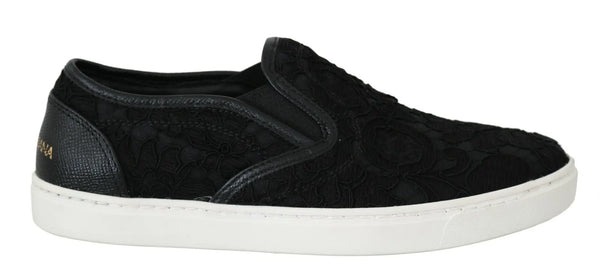 Sneaker slip-on piatti in pelle in pizzo nero