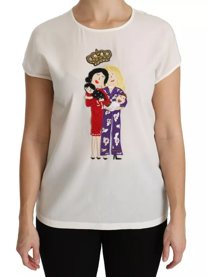 White #dgfamily Round Neck Crystal Crown Top