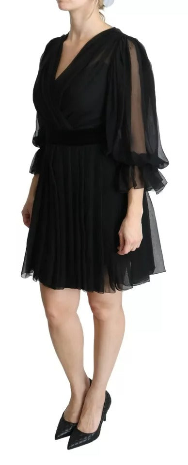 Black Mesh Pleated Mini Silk Blend Dress