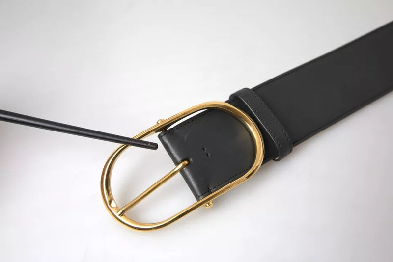 Black Leather Gold Oval Metal Buckle Belt