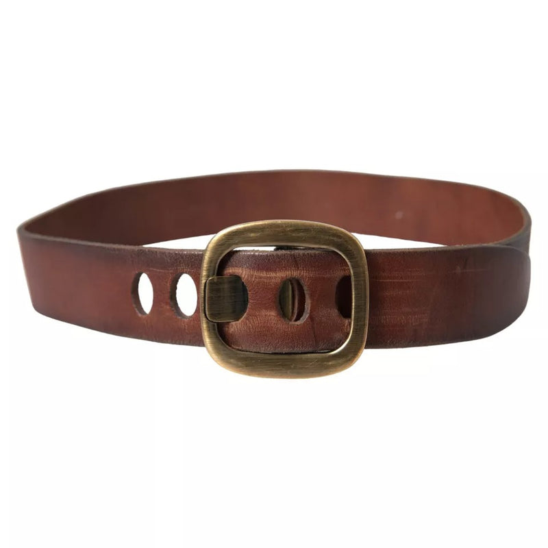 Brown Leather Gold Metal Buckle Women Belt