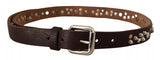 Brown Leather Studded Silver Metal Buckle Belt