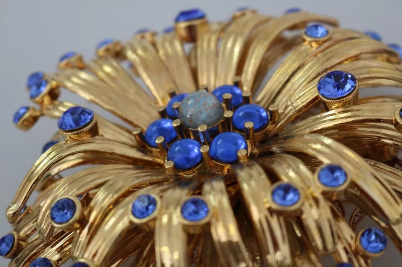 Gold Brass Blue Crystals Broche de joyería adornada