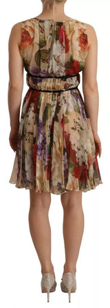 Beige Floral sin mangas redonda mini vestido