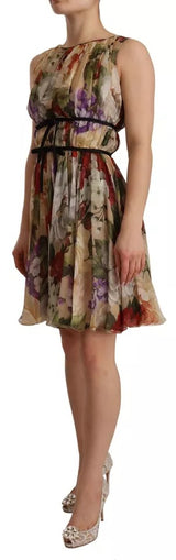 Beige Floral sin mangas redonda mini vestido