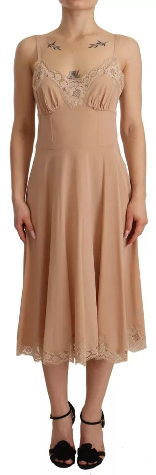 Robe midi de sangle spaghetti en dentelle beige en dentelle A-line