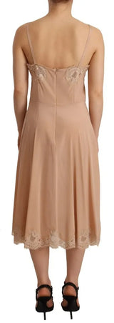 Robe midi de sangle spaghetti en dentelle beige en dentelle A-line