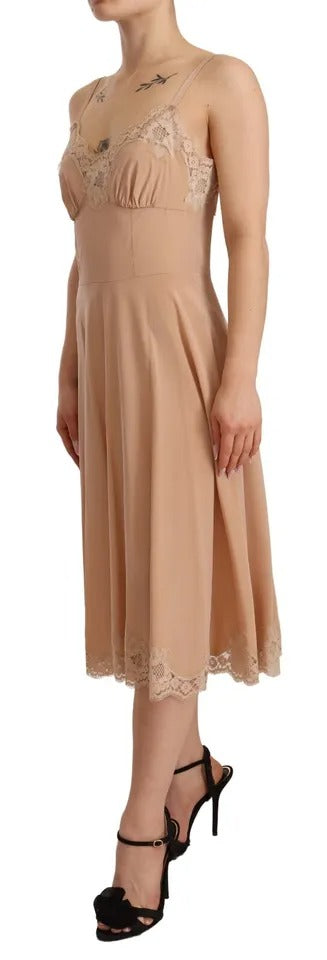 Beige Spitze A-Line Spaghetti-Gurt Midi Kleid