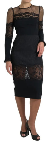 Robe midi de gaine de dentelle florale noire transparente