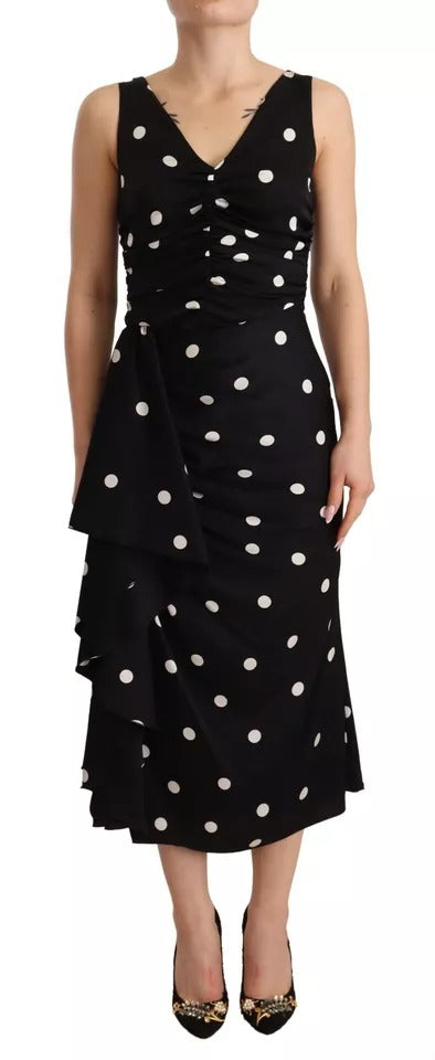 Schwarze Seide Polka Dots V-Neck-Scheide Midi Kleid