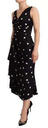 Schwarze Seide Polka Dots V-Neck-Scheide Midi Kleid