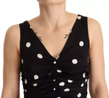 Schwarze Seide Polka Dots V-Neck-Scheide Midi Kleid