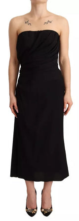 Black Silk Strettless Strapless Sheath Midi Φόρεμα