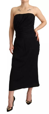 Black Silk Strettless Strapless Sheath Midi Φόρεμα