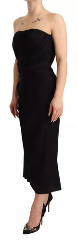 Black Silk Strettless Strapless Sheath Midi Φόρεμα