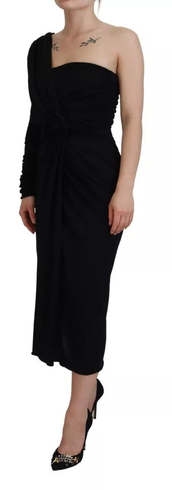 Black Wrap Sheath One Shoulder Wool Dress