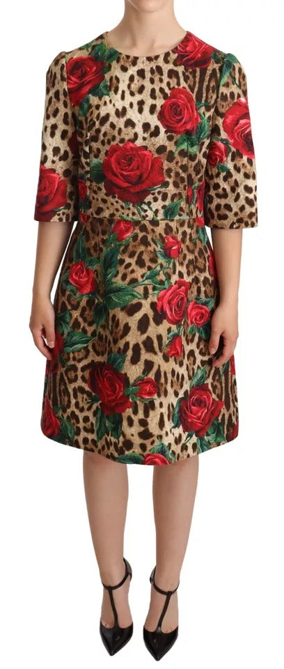 Braune Leopardenrote Rosen Baumwoll-A-Line-Kleid