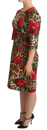 Robe Brown Leopard Red Roses Cotton A-Line