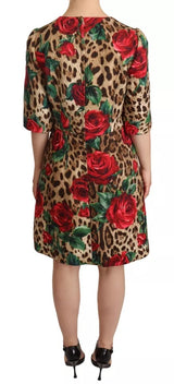 Braune Leopardenrote Rosen Baumwoll-A-Line-Kleid