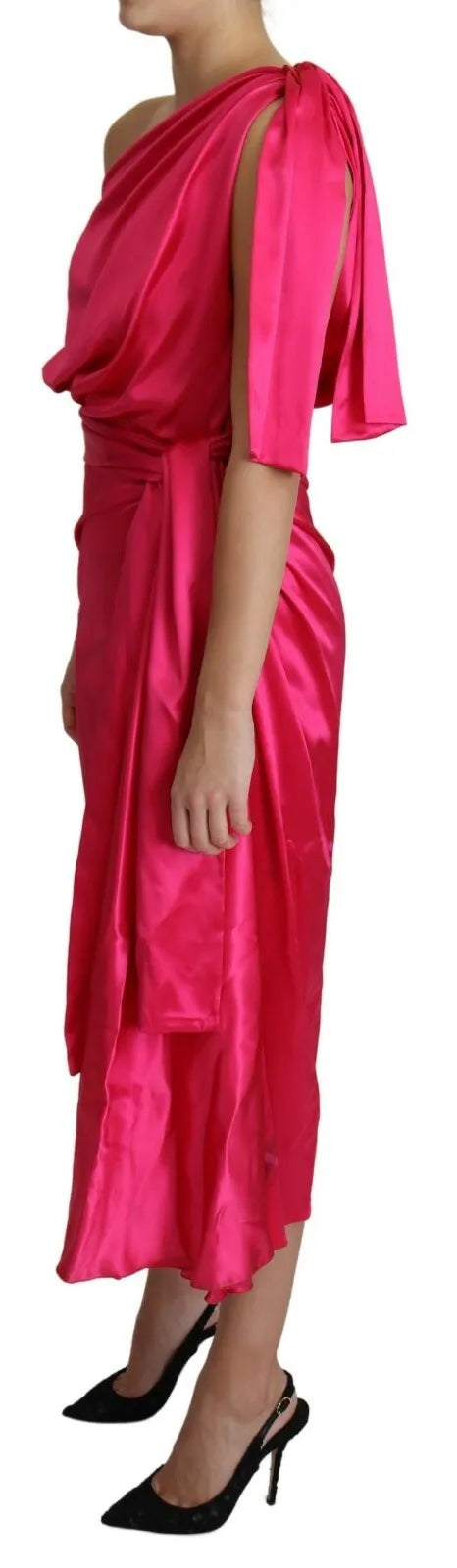 Fuchsia Fitted Cut One Shoulder Midi Dress