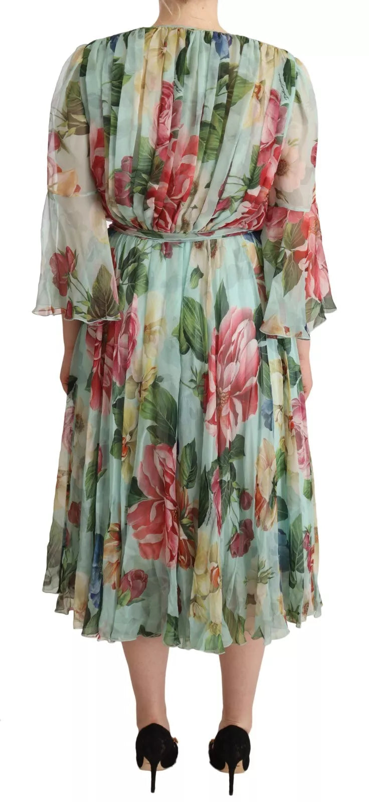 Vestido midi de cuello en V de manga larga floral verde