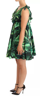 Hojas verdes estampado de algodón mini vestido aclarado